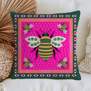 Floral Bee Illustrations Eclectic Cottagecore Pink Throw Pillow