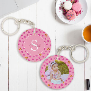 Floral Bee Pink Watercolor Pattern Name Monogram Keychain