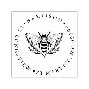 Floral Bee ROUND RETURN ADDRESS RUBBER STAMP