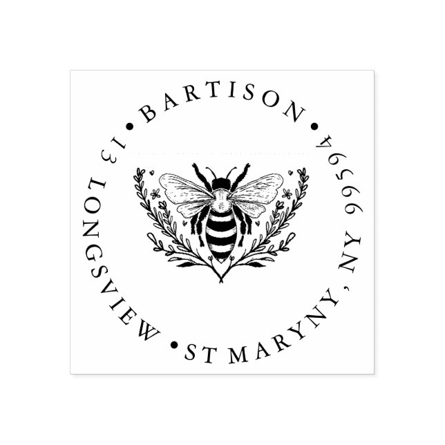 Floral Bee ROUND RETURN ADDRESS  RUBBER STAMP (Imprint)