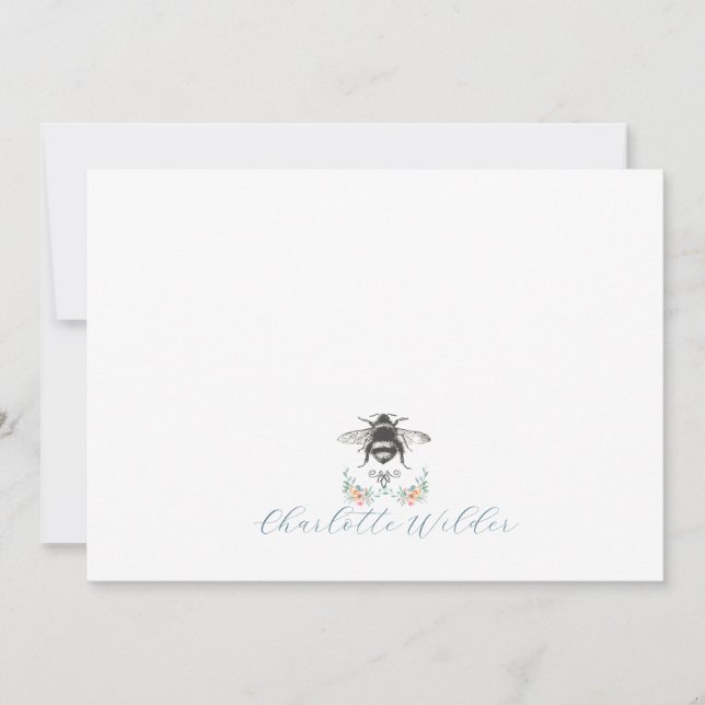 Floral Bee Script Name Note Card (Front)