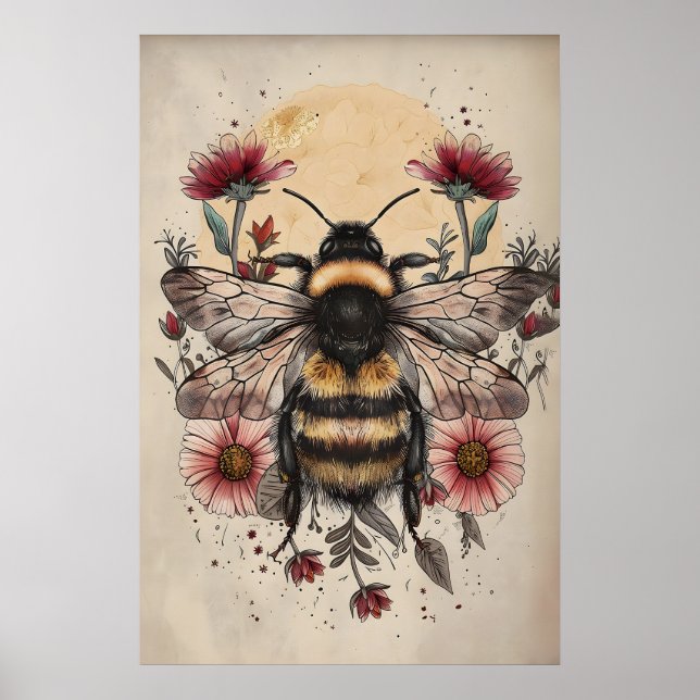 Floral Bee Sun Print, Retro Botanical Art (Digital Poster (Front)