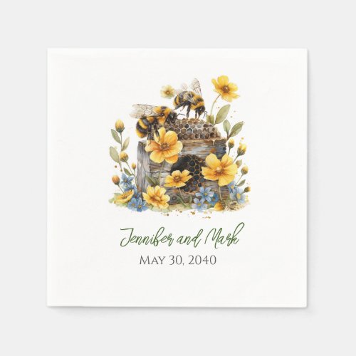 Floral Bee Themed Wedding Cocktail Napkins
