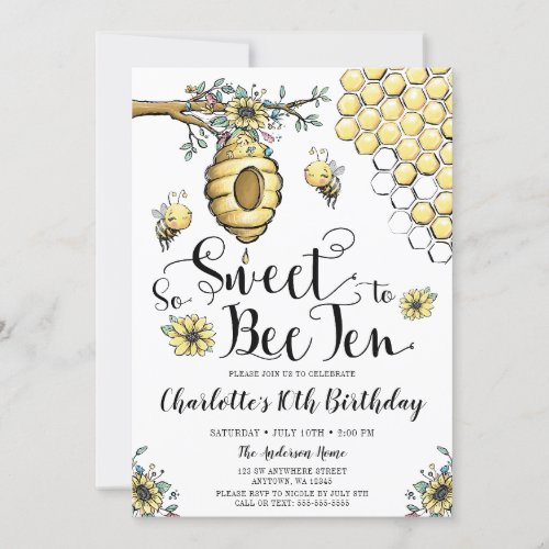 Floral Beehive Honey So Sweet Bee 10th Birthday Invitation