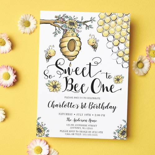 Floral Beehive Honey So Sweet Bee 1st Birthday Invitation