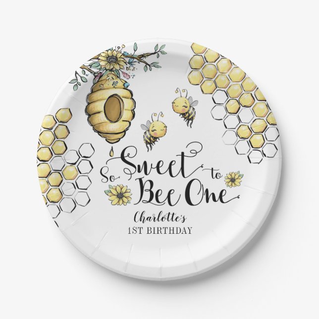 Floral Beehive Honey So Sweet Bee 1st Birthday Paper Plates (Front)