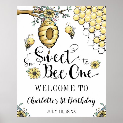 Floral Beehive Honey So Sweet Bee 1st Birthday Poster
