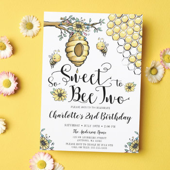 Floral Beehive Honey So Sweet Bee 2nd Birthday Invitation by printcreekstudio at Zazzle