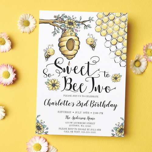 Floral Beehive Honey So Sweet Bee 2nd Birthday Invitation