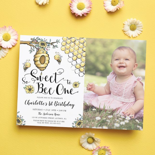 Floral Beehive Honey Sweet Bee 1st Birthday Photo Invitation (Creator Uploaded)