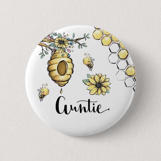 Floral Beehive Honey Sweet Bee Baby Shower Auntie Button (Front)