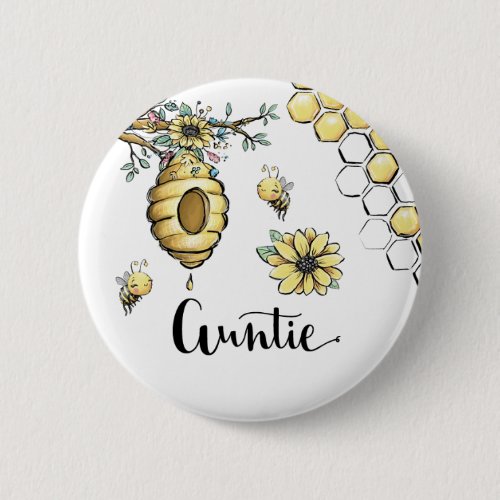 Floral Beehive Honey Sweet Bee Baby Shower Auntie Button