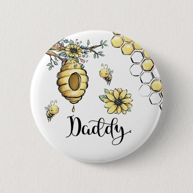 Floral Beehive Honey Sweet Bee Baby Shower Daddy Button (Front)