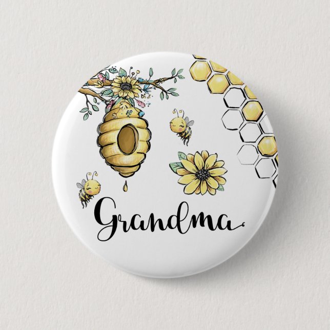 Floral Beehive Honey Sweet Bee Baby Shower Grandma Button (Front)