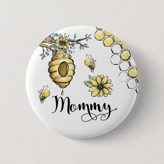 Floral Beehive Honey Sweet Bee Baby Shower Mommy Button (Front)
