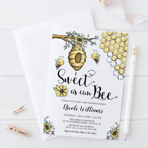 Floral Beehive Honey Sweet Bee Girl Baby Shower Invitation