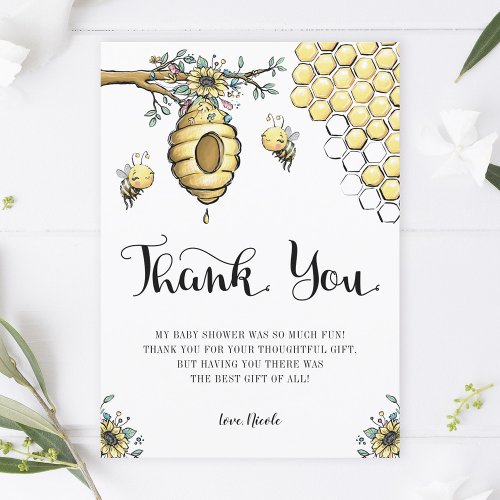 Floral Beehive Honey Sweet Bee Girl Baby Shower Thank You Card