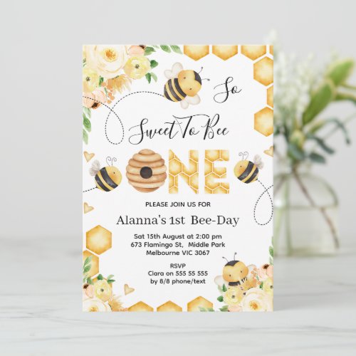Floral Beehive So Sweet To Bee One 1st Birthday Invitation