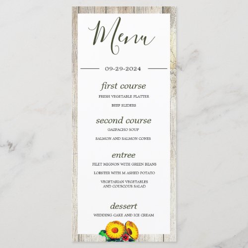 Floral Bees Rustic Wood Eco Wedding Menu