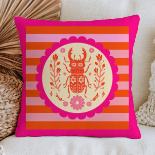 Floral Beetle Insect Pink& Orange Stripe Pattern Throw Pillow