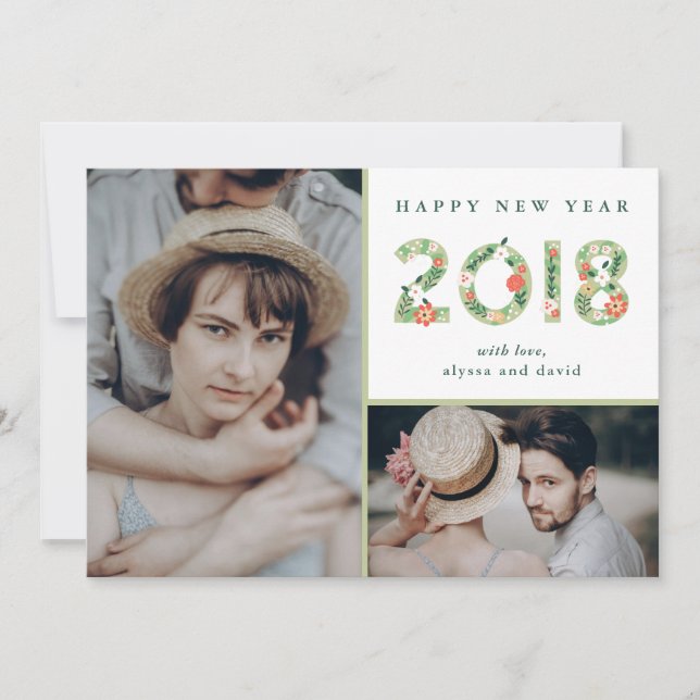 Floral Beginnings | Two Photo Happy New Year Holiday Card (Front)