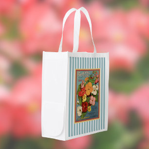 Floral Begonias Pink 1902 Seed Packet Blue Stripes Grocery Bag