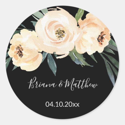 Floral Beige Black Watercolor Wedding Favors Classic Round Sticker