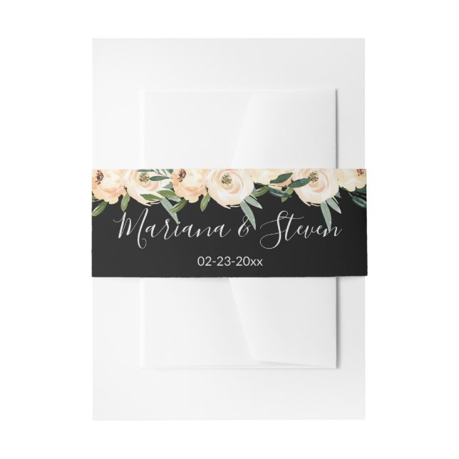 Floral Beige Black Wedding Invitation Belly Band (Front Example)