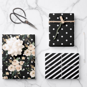 Floral Beige Black Wedding Wrapping Paper Sheets