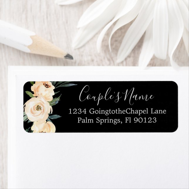 Floral Beige Black White Wedding Return Address Label (Insitu)