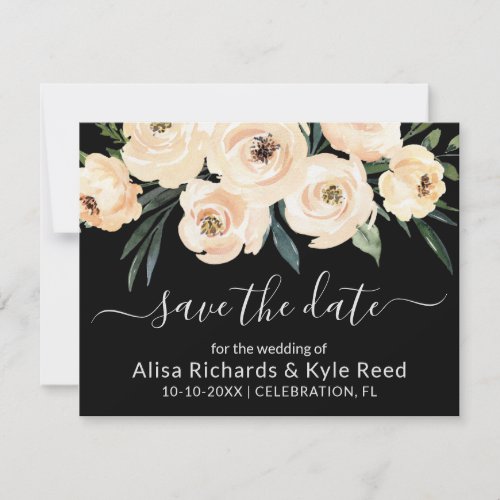 Floral Beige Blush Gold on Black Save the Date Announcement