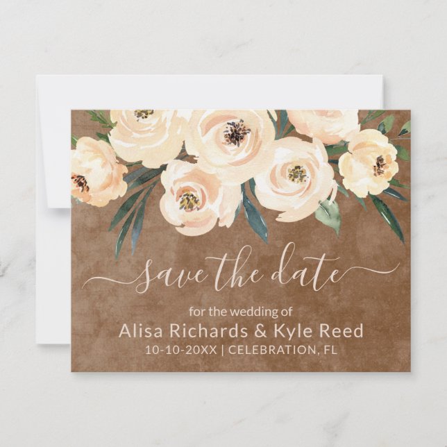 Floral Beige Blush Gold on Brown Save the Date Announcement (Front)