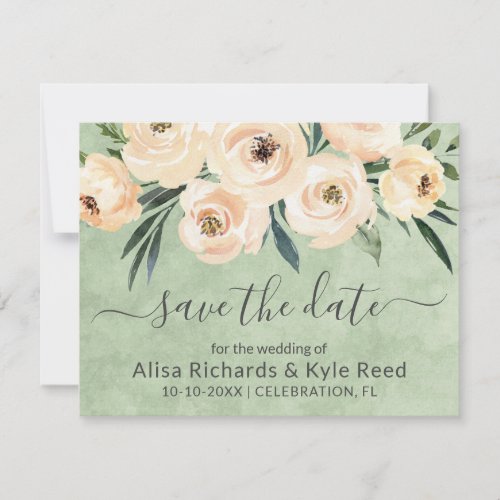 Floral Beige Blush Gold on Green Save the Date Announcement