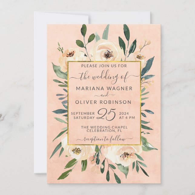 Floral Beige Blush Gold on Pink Wedding Invitation (Front)