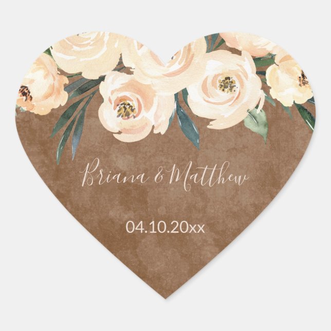 Floral Beige Blush on Brown Wedding Favors Heart S Heart Sticker (Front)