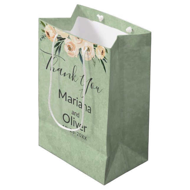 Floral Beige Blush on Green Wedding Medium Gift Bag (Front Angled)