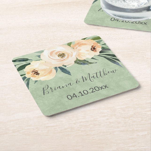 Floral Beige Blush on Green Wedding Square Paper Coaster (Angled)