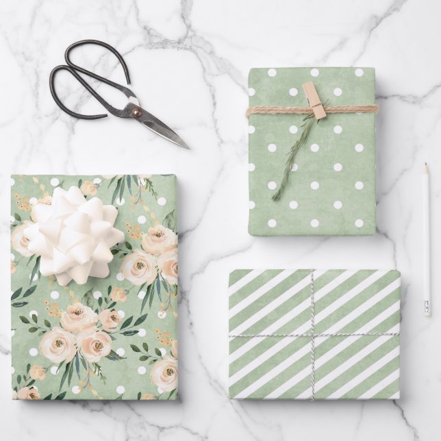 Floral Beige Blush on Green Wedding Wrapping Paper Sheets (Front)