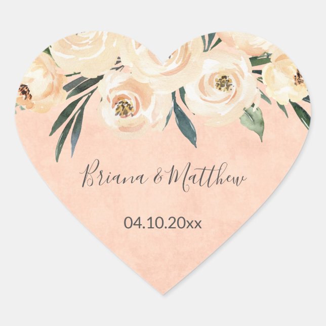 Floral Beige Blush on Pink Wedding Favors Heart Sticker (Front)