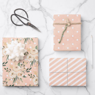 Floral Beige Blush on Pink Wedding Wrapping Paper Sheets