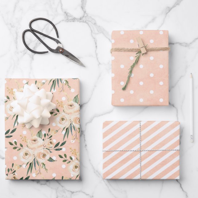 Floral Beige Blush on Pink Wedding Wrapping Paper Sheets (Front)