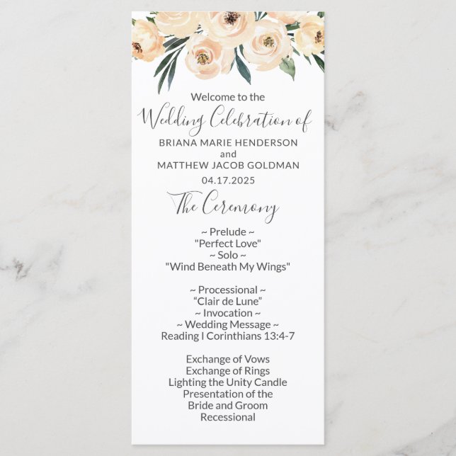 Floral Beige Blush on White Wedding Program (Front)