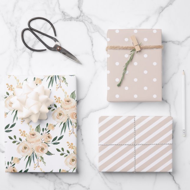 Floral Beige Blush on White Wedding Wrapping Paper Sheets (Front)