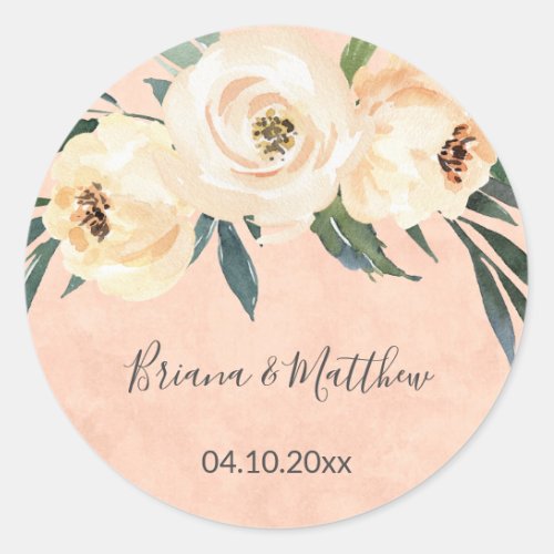 Floral Beige Blush Peach Wedding Favors Classic  Classic Round Sticker