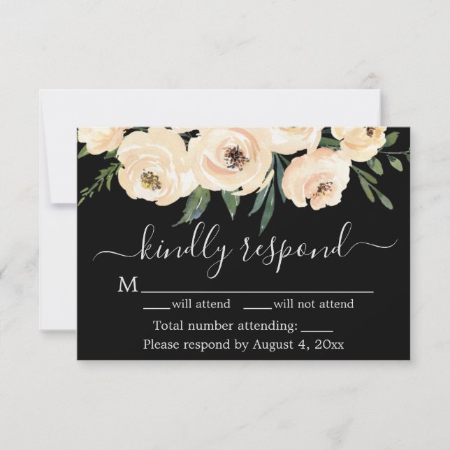 Floral Beige Blush Roses Gold Black RSVP Card (Front)