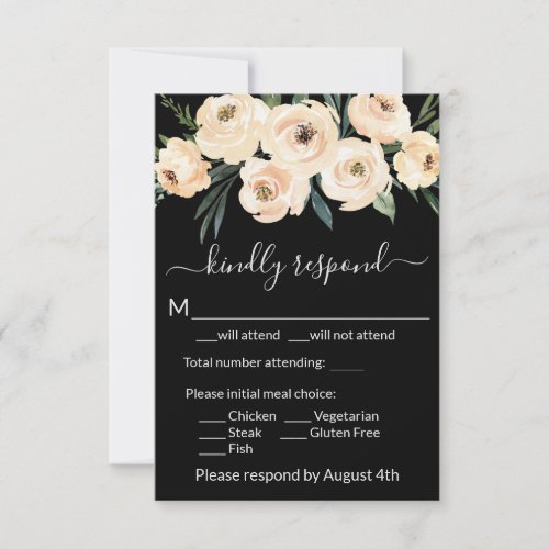 Floral Beige Blush Roses Gold on Black RSVP Card