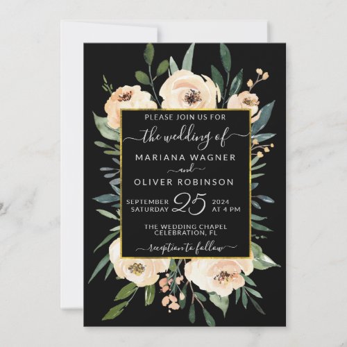 Floral Beige Blush Roses Gold on Black Wedding Invitation