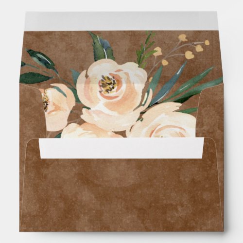 Floral Beige Blush Roses Gold on Brown Wedding Envelope