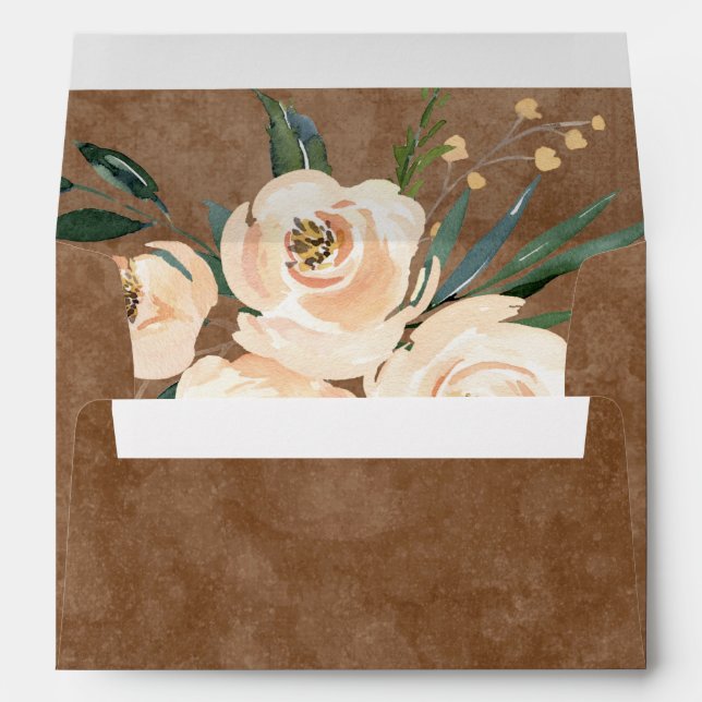 Floral Beige Blush Roses Gold on Brown Wedding Envelope (Back (Bottom))