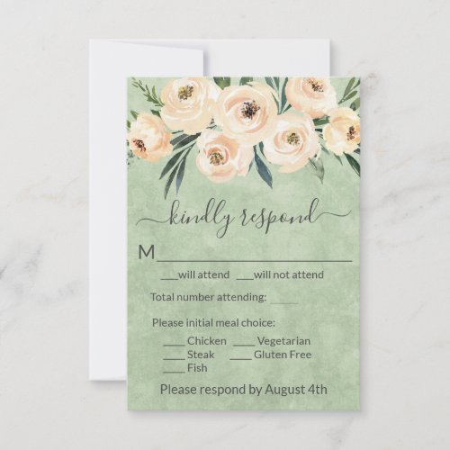 Floral Beige Blush Roses Gold on Green RSVP Card